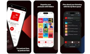 Pocket Casts mobile app interface showcasing podcast organization, Up Next queue, and seamless listening experience.